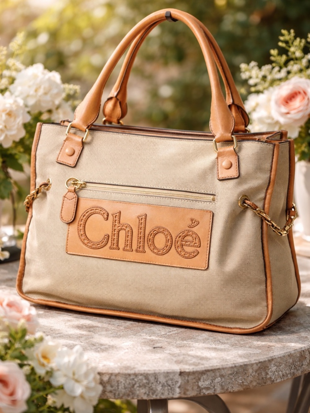 Chloé Canvas Tote with Leather Trim